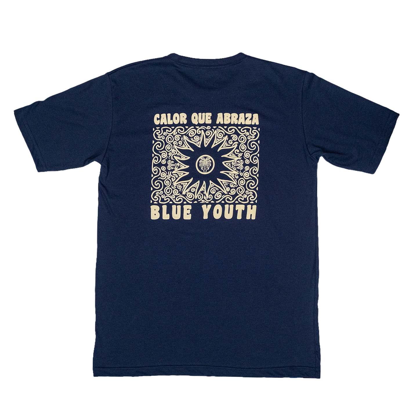 camisa marca blue youth color azul navy con un print de un sol que abraza en color amarillo