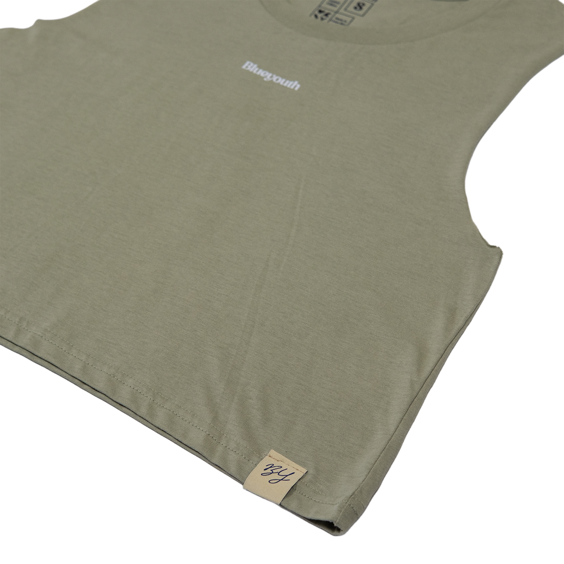 top estilo tank color oliva con logo Blueyouth al centro y costura BY en la base.

