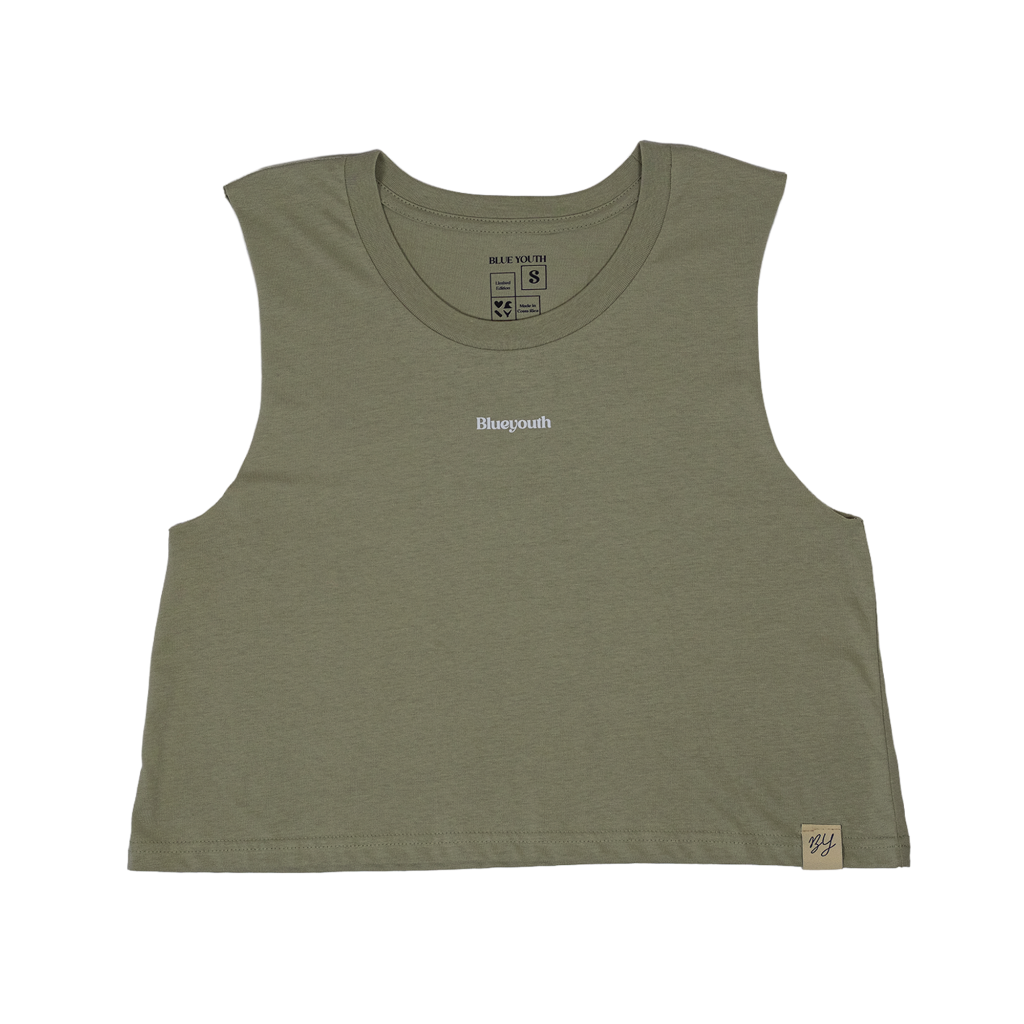top estilo tank color oliva con logo Blueyouth al centro y costura BY en la base.

