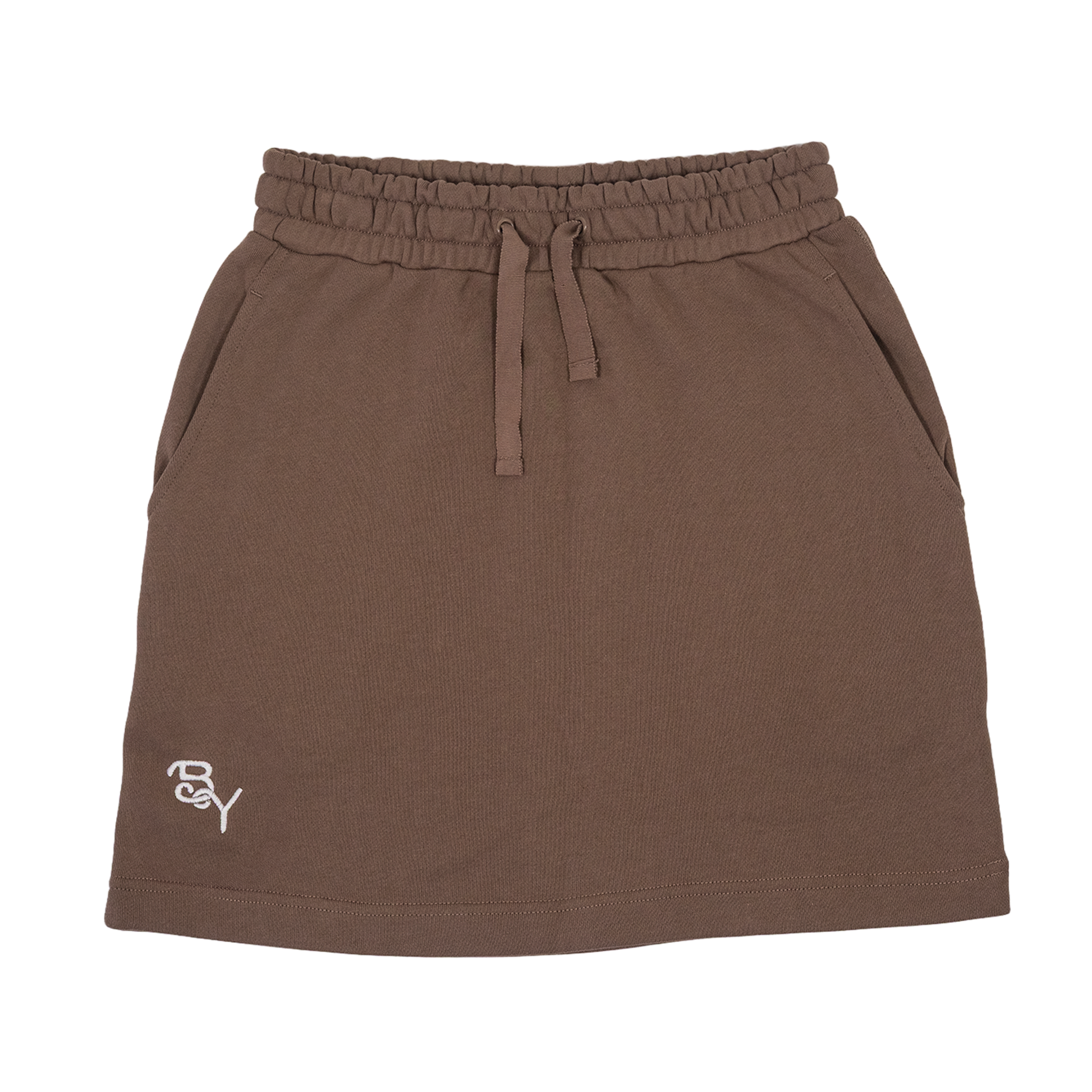 Falda estilo jogger Cosy Skirt color chocolate con bolsillos y logo bordado en blanco.