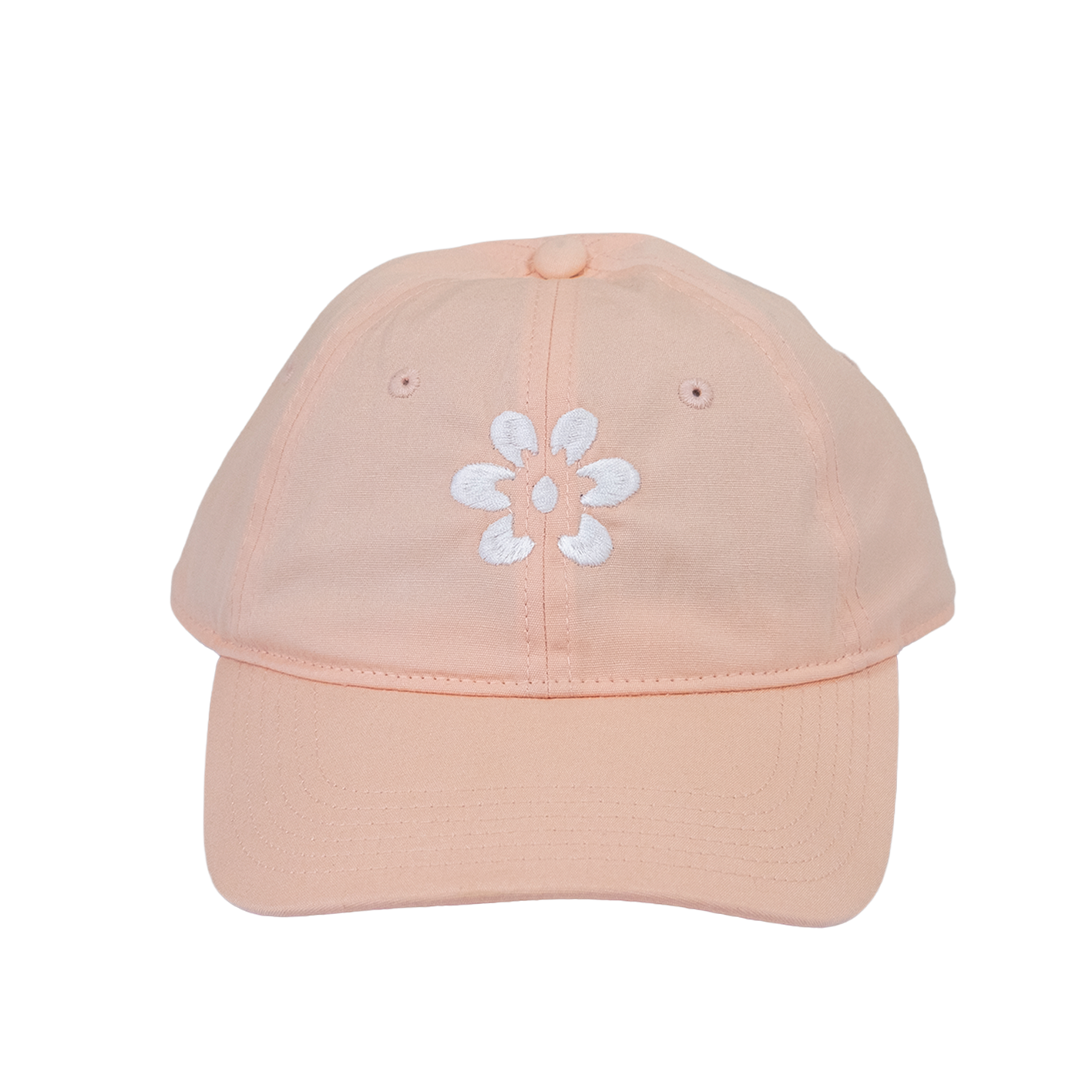 Gorra color rosa claro con flor blanca bordada al frente, diseño estilo minimalista.