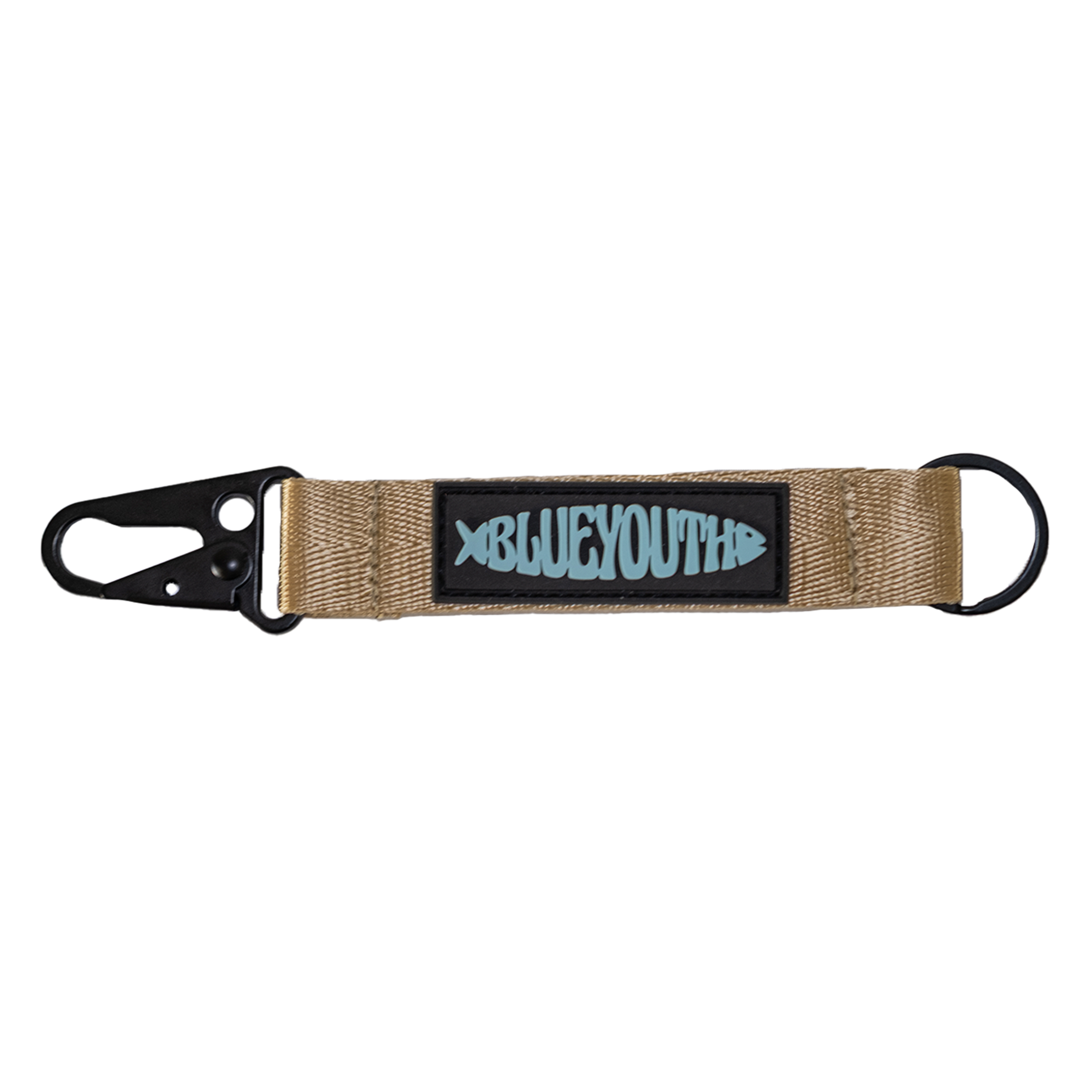 Llavero metálico dorado claro con forma de pez. Accesorio distintivo y funcional de Blue Youth.