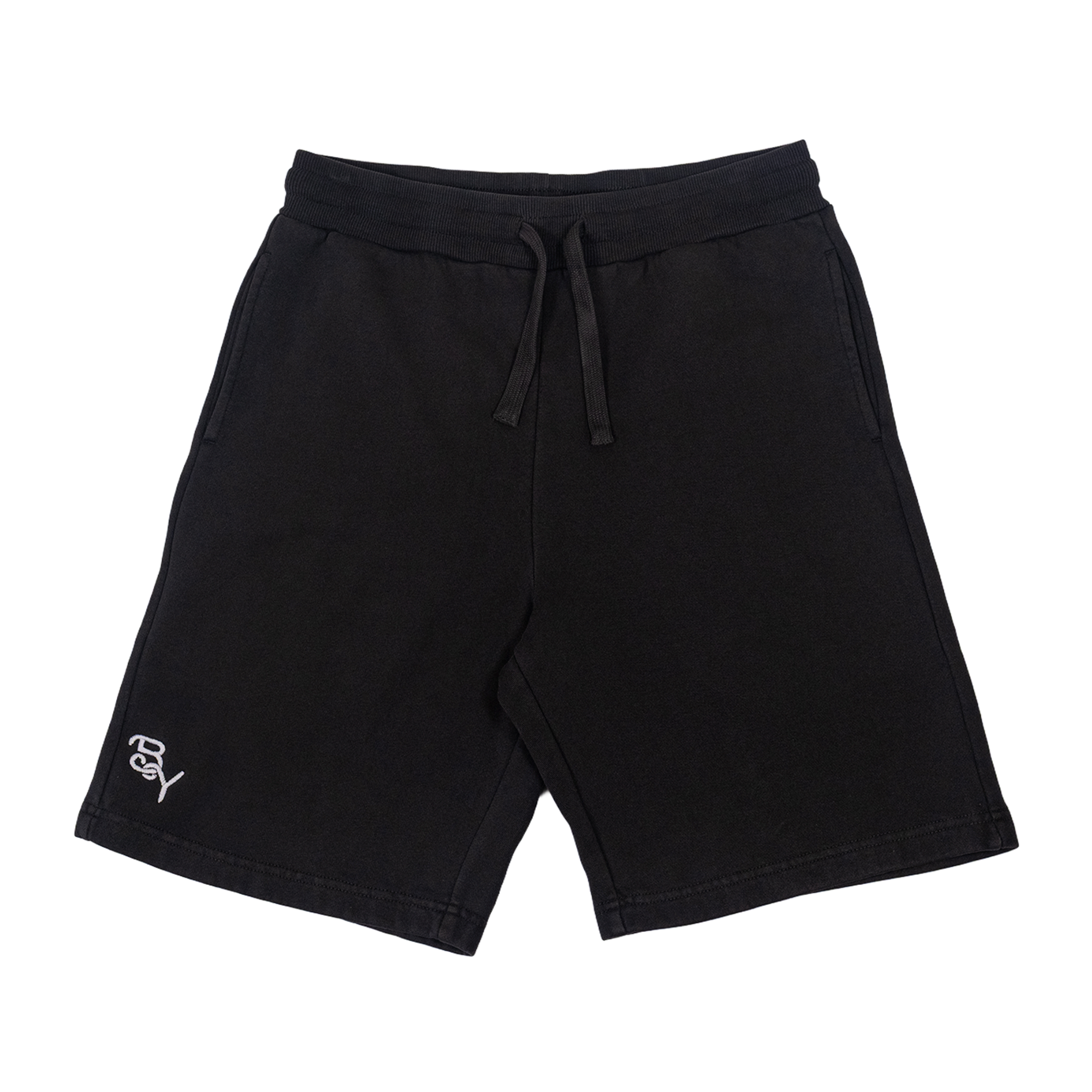 ALT: Short negro BY Basics con logo bordado en blanco y pretina ajustable.