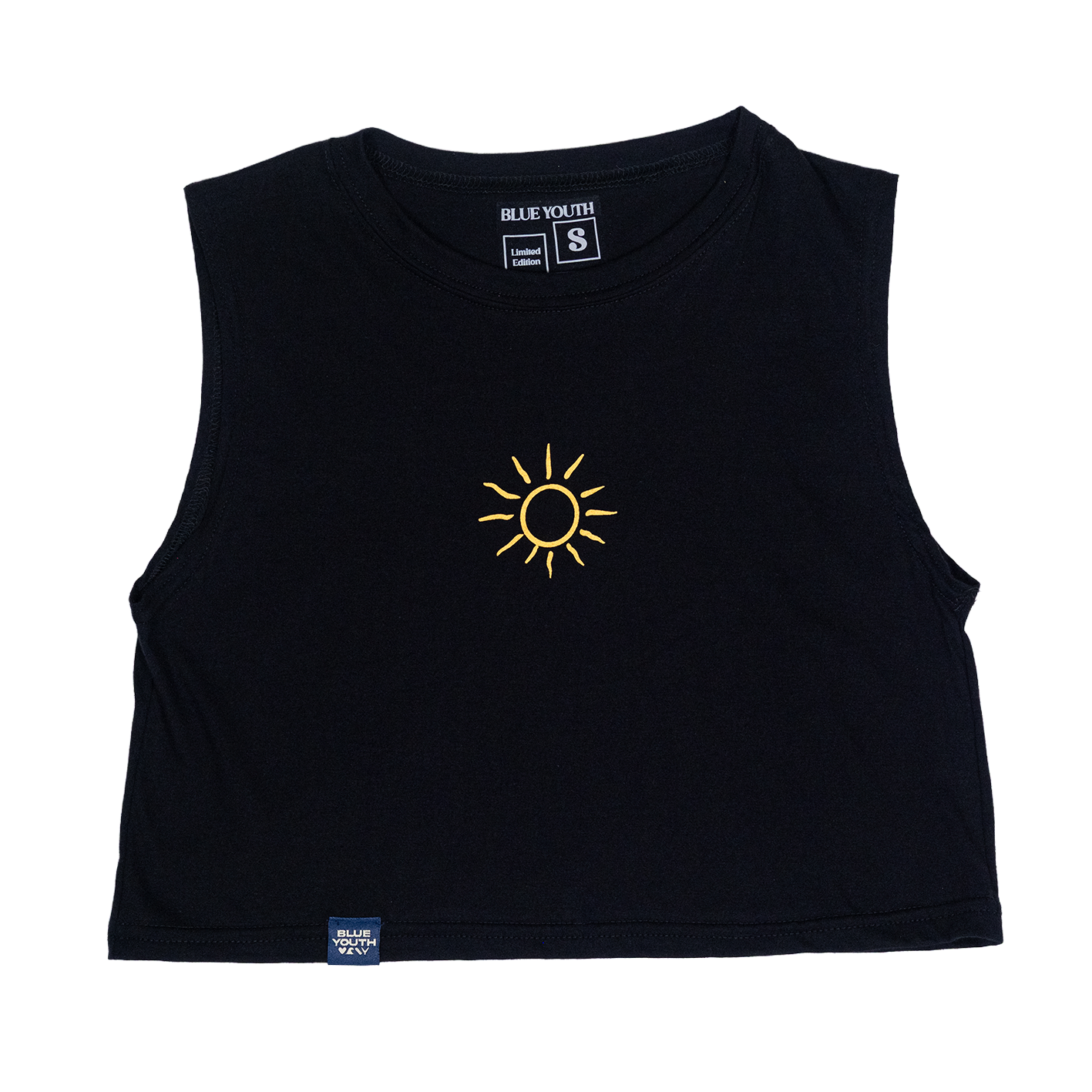 Crop top con arte colorido de estilo caribeño: sol entre palmeras, mar y texto “Blue Youth – It’s a Lifestyle – Costa Rica”.