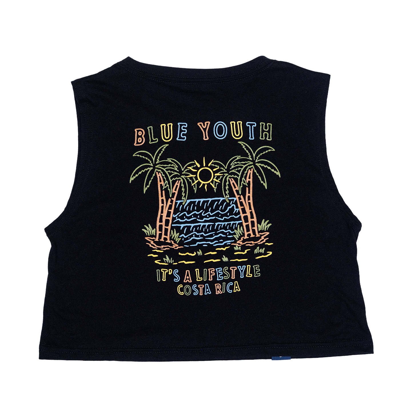 Crop top con arte colorido de estilo caribeño: sol entre palmeras, mar y texto “Blue Youth – It’s a Lifestyle – Costa Rica”.