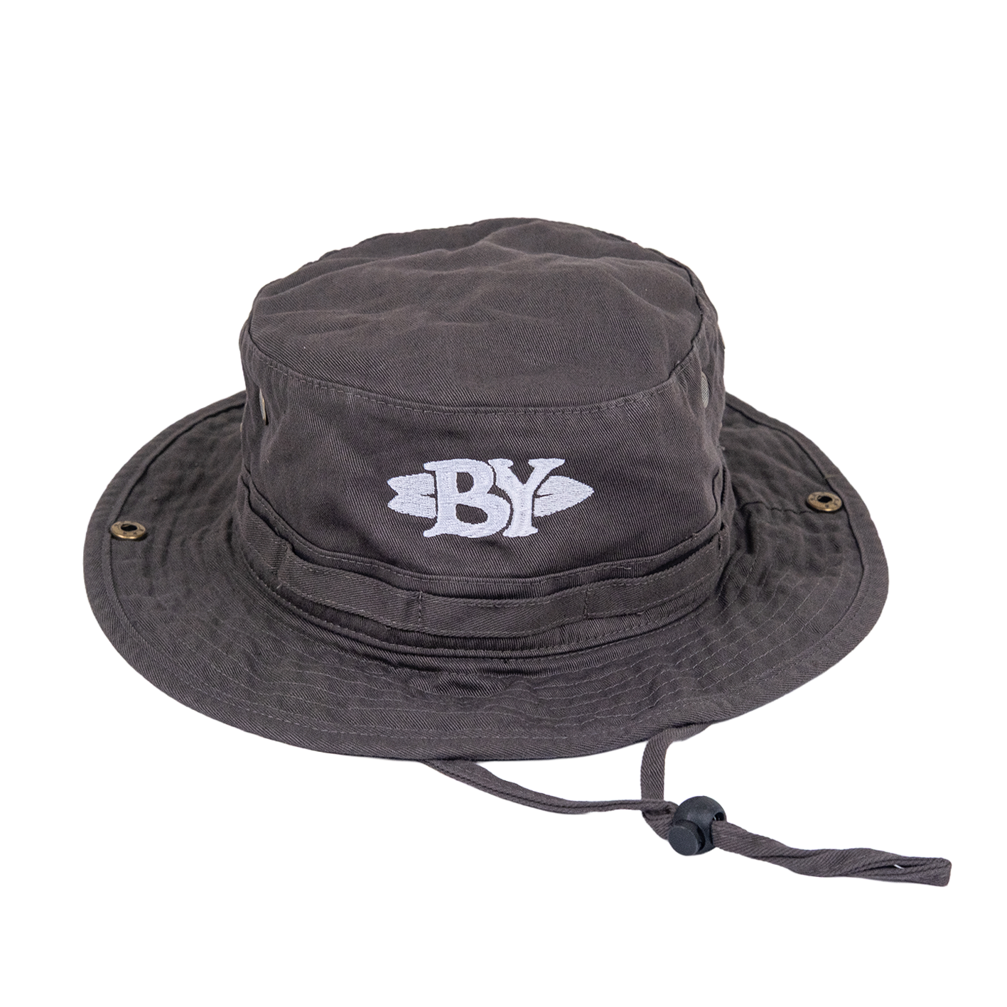 gorro tipo bucket color gris con logo BY blanco bordado y cordón ajustable para asegurar.