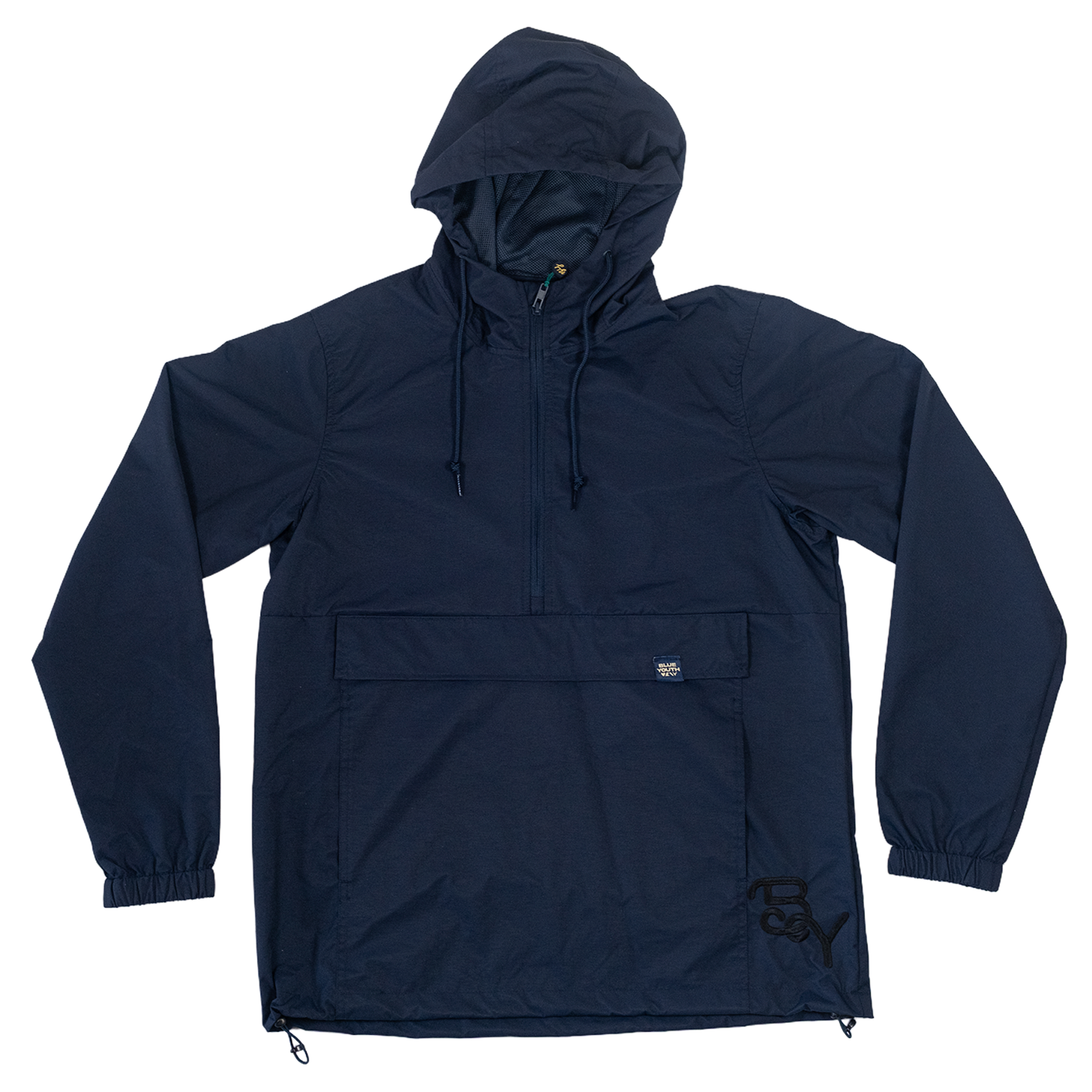 Windbreaker azul marino con gorro, bolsillo frontal grande y logo discreto de Blue Youth en la parte inferior.