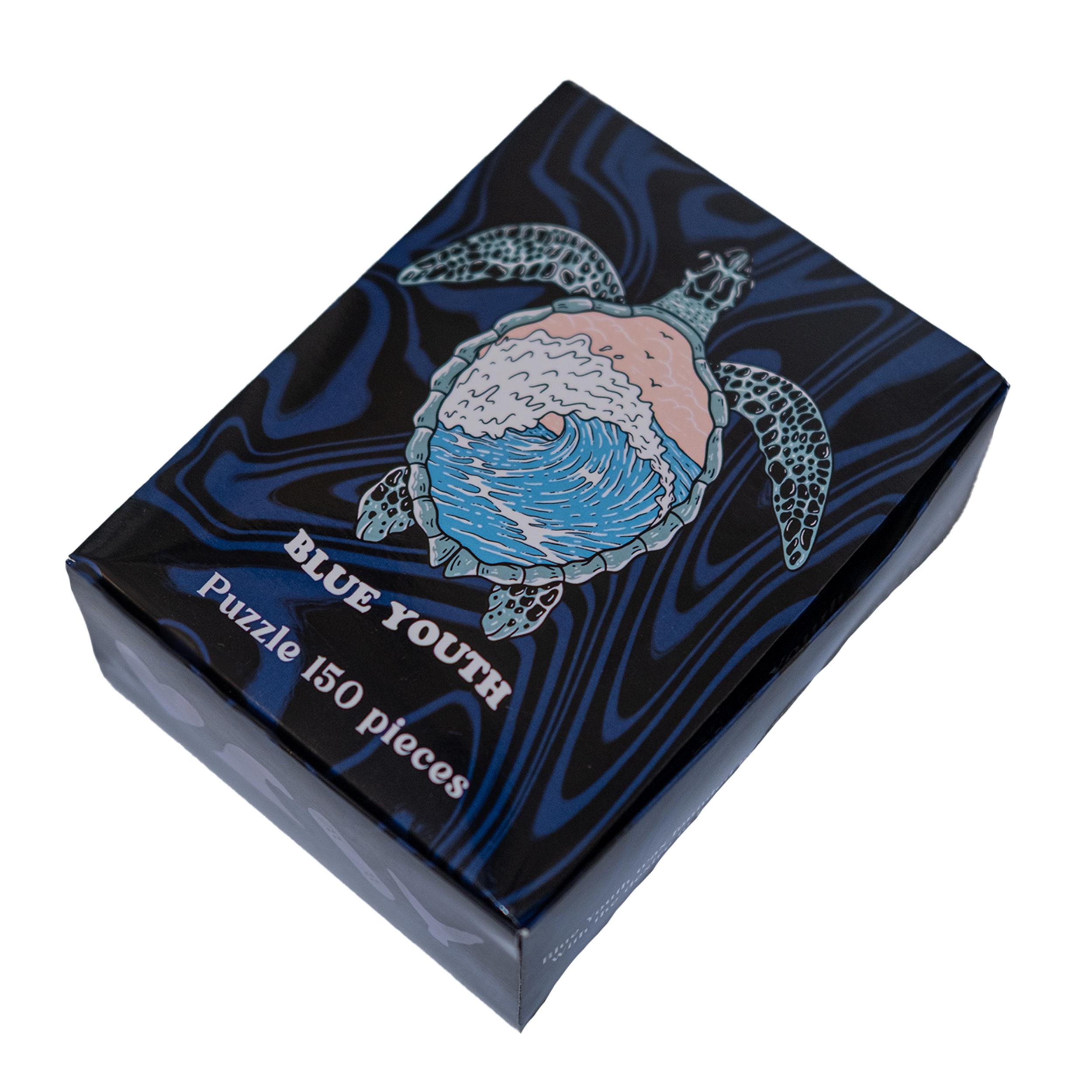 Rompecabezas de 150 piezas con diseño de tortuga nadando entre olas. Ilustración original Blue Youth.