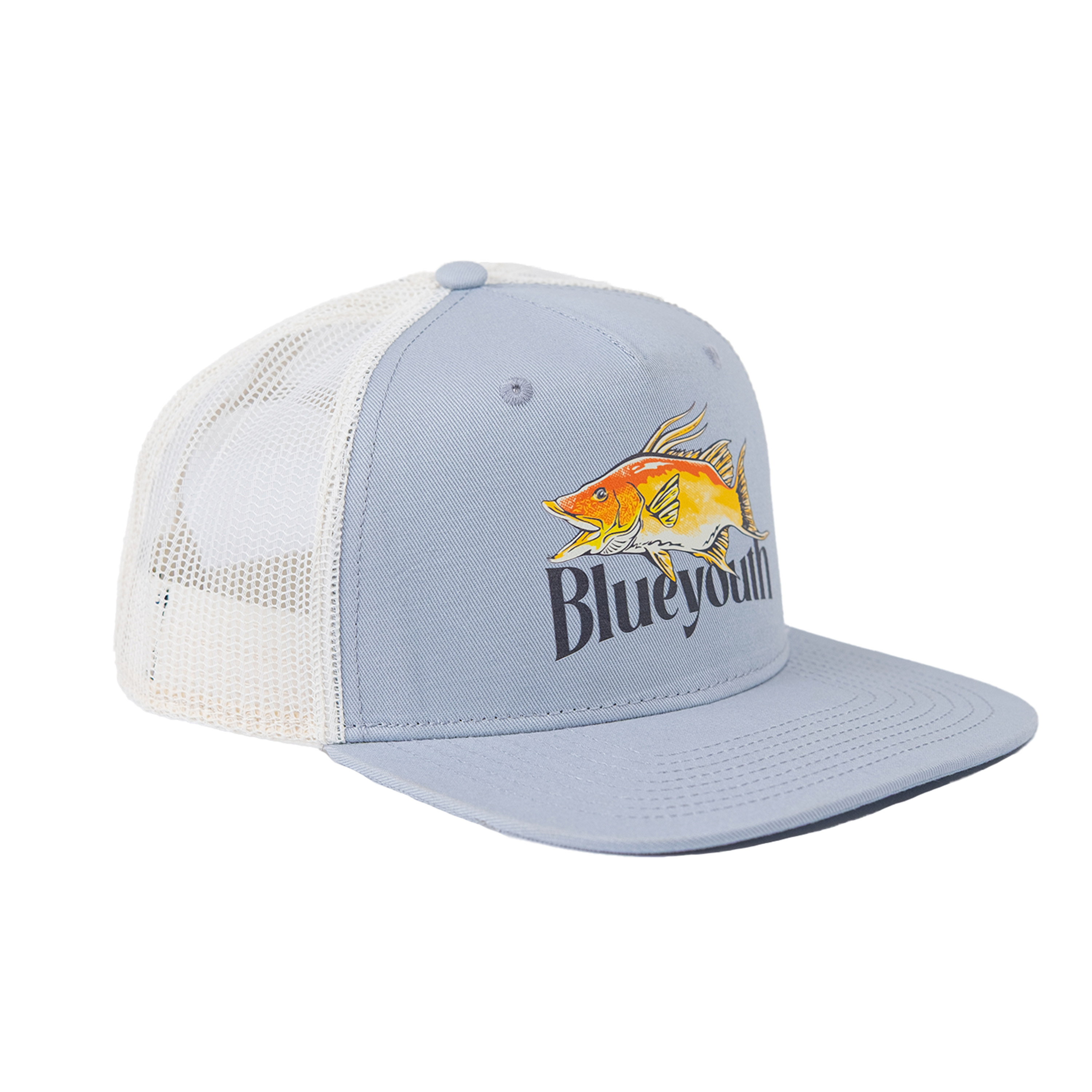 Gorra trucker con diseño de hogfish (pez cerdo). Accesorio original de Blue Youth para vida activa y casual.