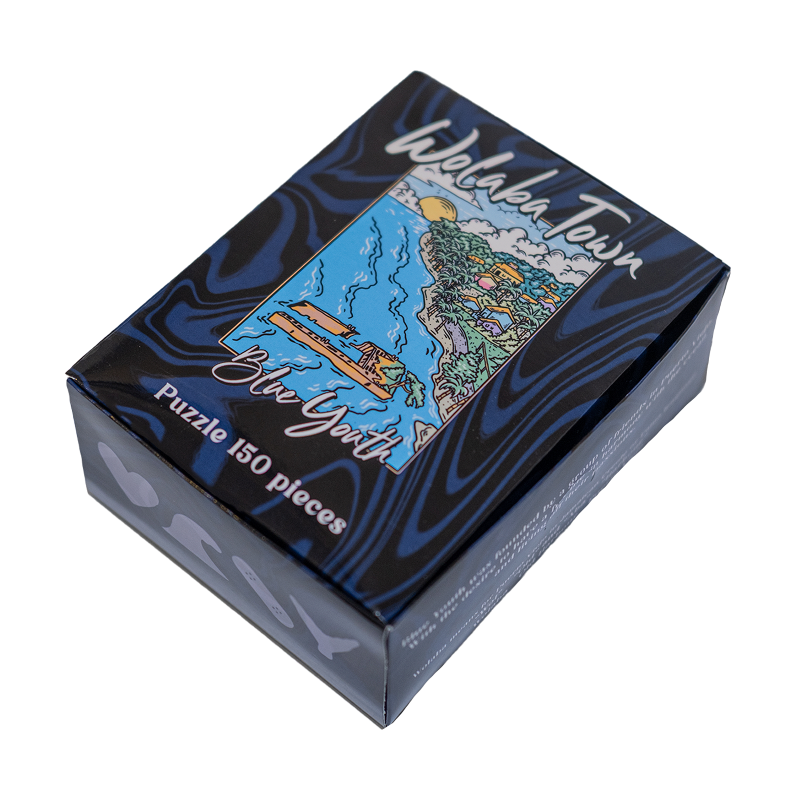 Rompecabezas de 150 piezas con diseño ilustrado de Puerto Viejo. Representación artística de Wolaba por Blue Youth.